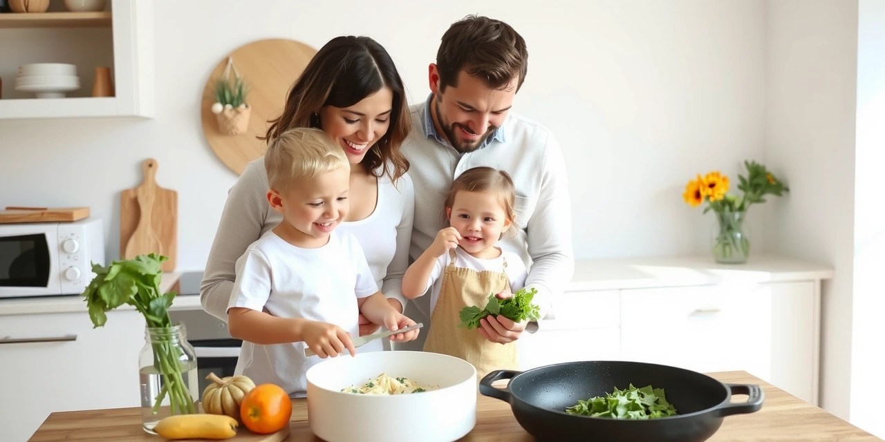 A family cooking together in a modern kitchen, with fresh ingredients on display, symbolizing joyful and healthy family meals.