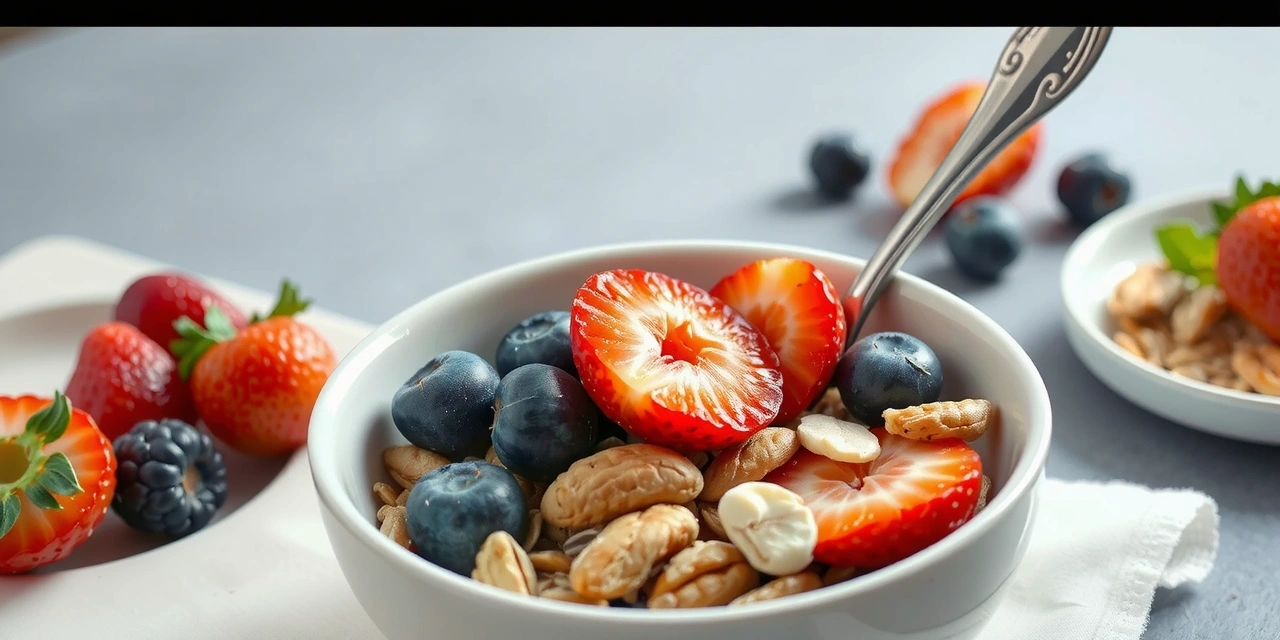 A healthy breakfast bowl with oats, berries, nuts, and seeds, suggesting a perfect start to the day.