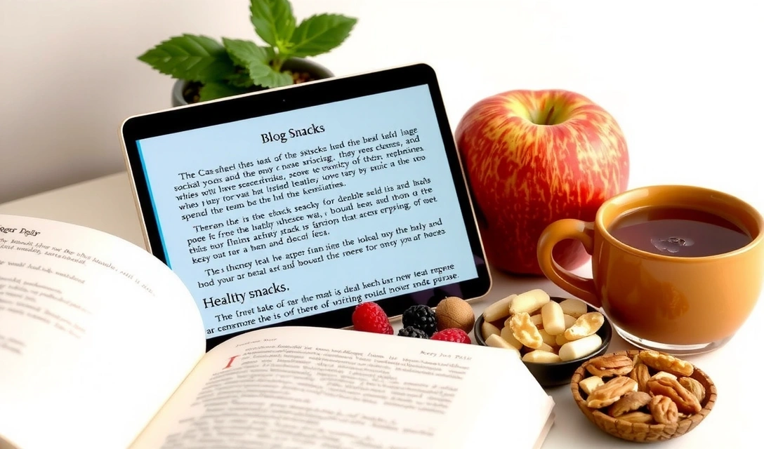 An open book or a laptop displaying a blog article, surrounded by healthy snacks and a cup of tea, suggesting learning and relaxation.