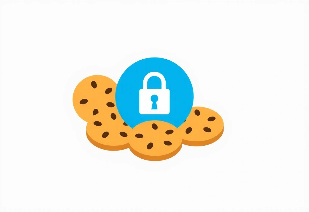 Illustration von Browser-Cookies, die als kleine Kekse dargestellt werden, mit einem Schloss-Symbol für Datenschutz