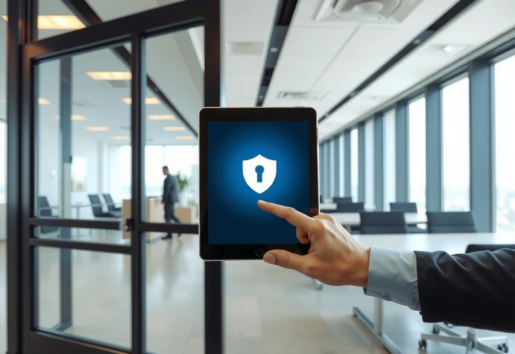 Eine Person, die ein Tablet mit einem Datenschutzsymbol in einer sicheren Umgebung verwendet