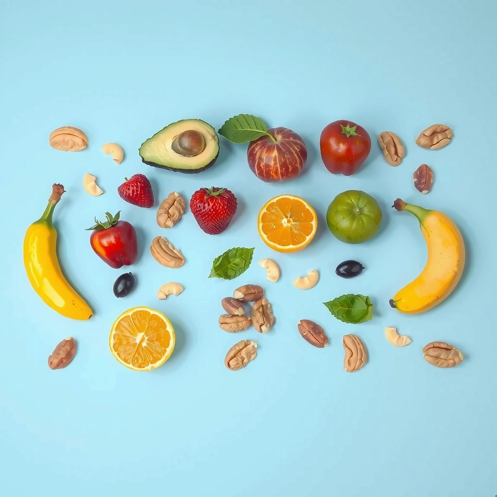 Ein stilisiertes Fragezeichen, das aus gesunden Lebensmitteln wie Obst, Gemüse und Nüssen besteht.