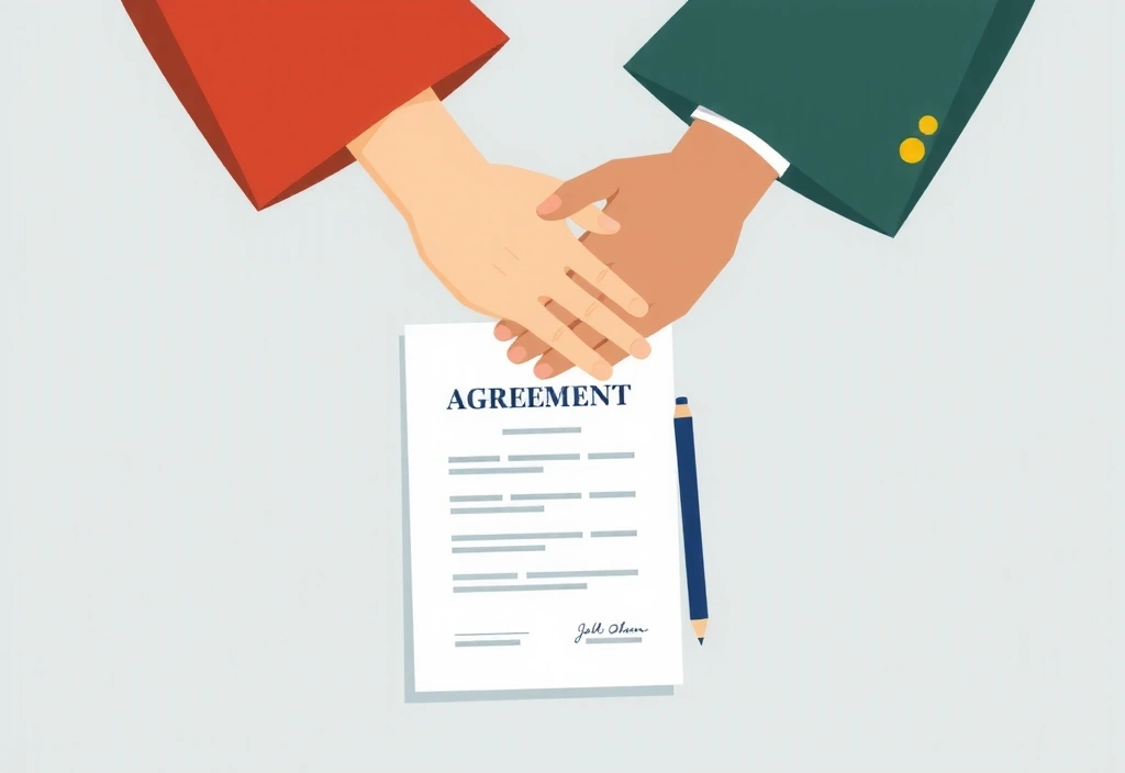 Eine Illustration, die zwei Hände darstellt, die sich über einem stilisierten Dokument die Hand geben, symbolisiert Einigung und Streitbeilegung. Sanfte, vertrauenswürdige Farben.