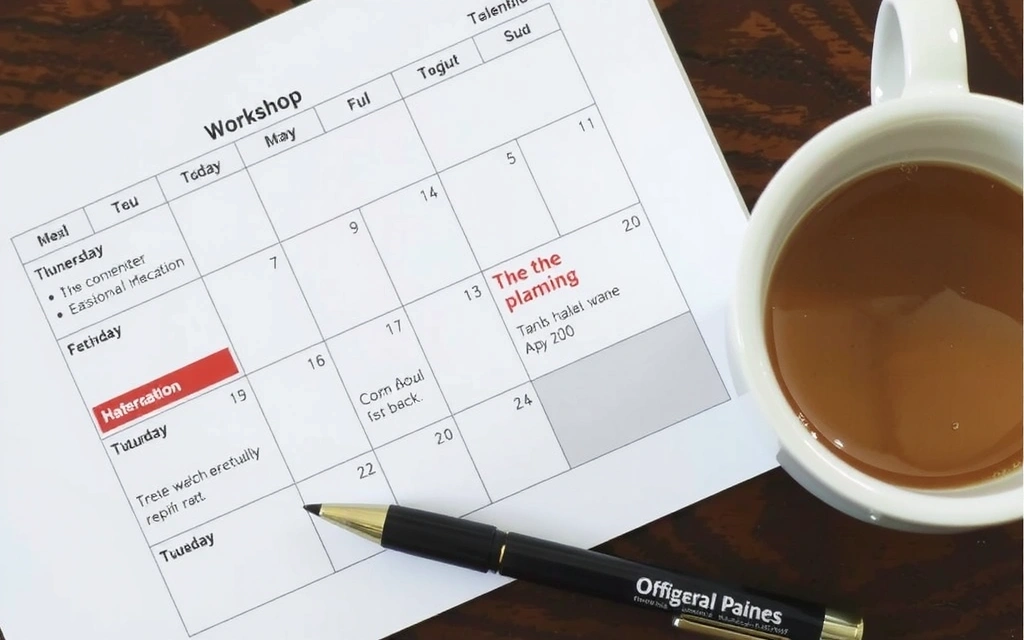 Ein Kalenderblatt mit eingetragenen Terminen und einer Tasse Kaffee, symbolisiert Planung und Weiterbildung
