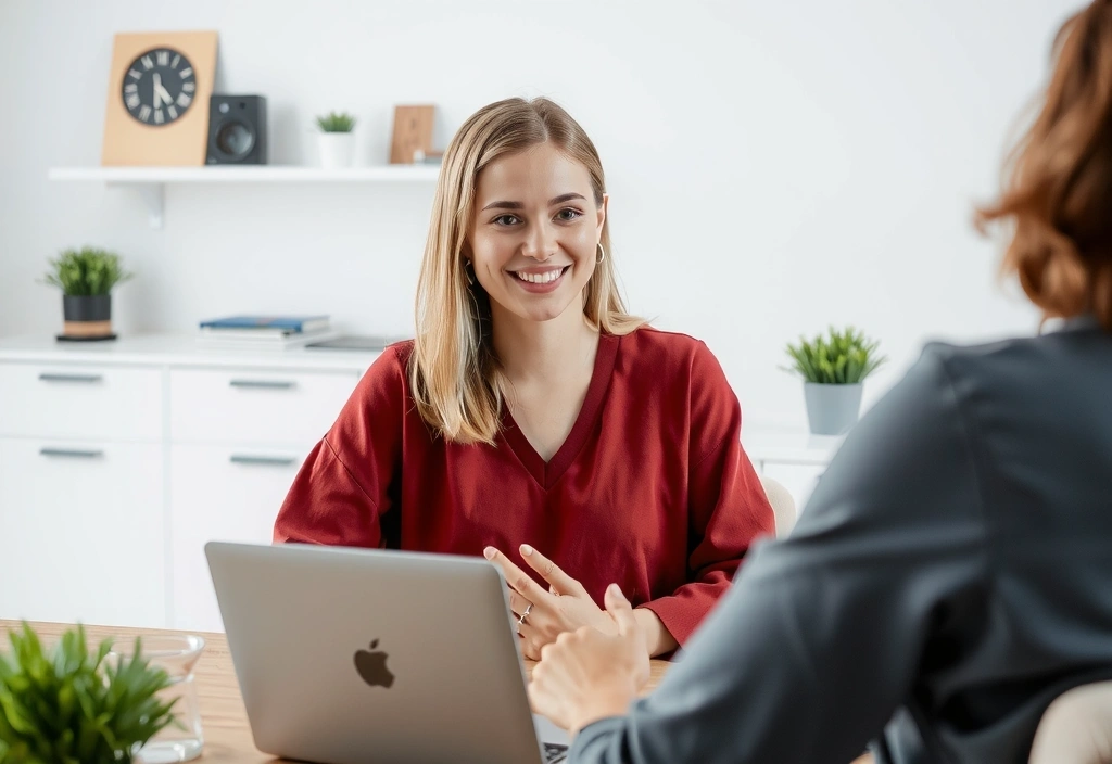 Eine Frau führt eine Online-Sprechstunde über Videotelefonie am Laptop durch, lächelnd und professionell