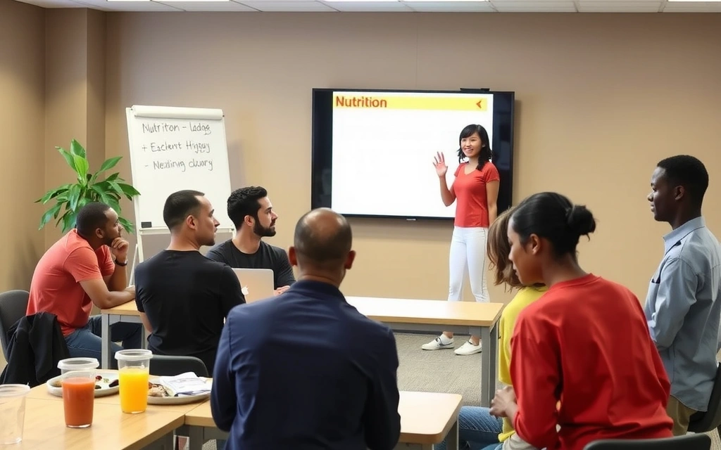 Gruppe von Menschen, die aufmerksam einem Ernährungsworkshop zuhören, mit Flipchart und gesunden Snacks