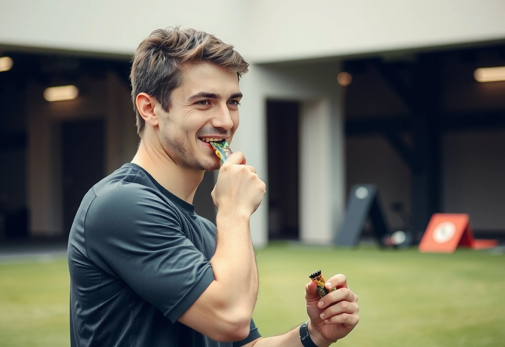 Junger Mann in Sportkleidung, der nach dem Training einen Energieriegel isst und zufrieden aussieht.