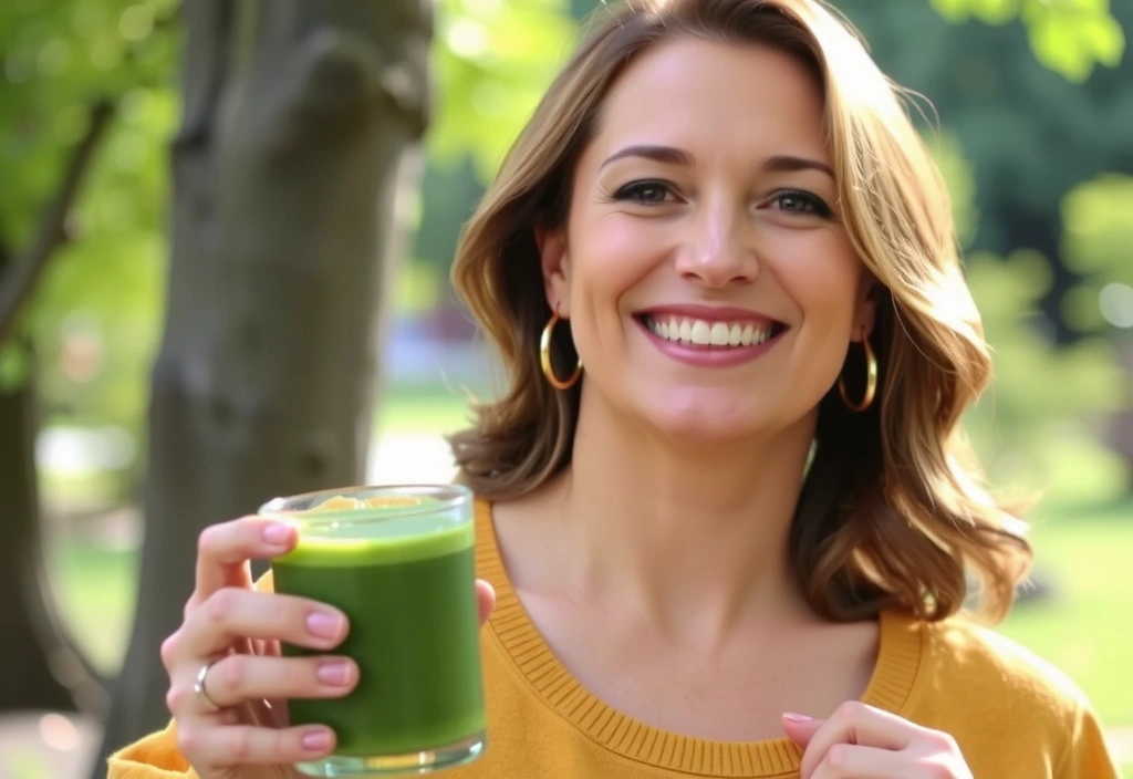 Lächelnde Frau mittleren Alters, die einen gesunden Smoothie trinkt und vital aussieht.