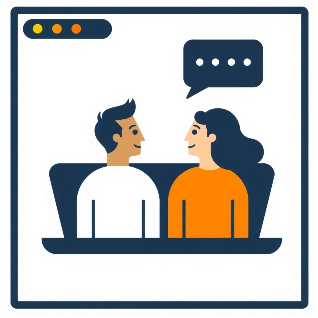 Icon zweier Personen, die sich über einen Bildschirm unterhalten.