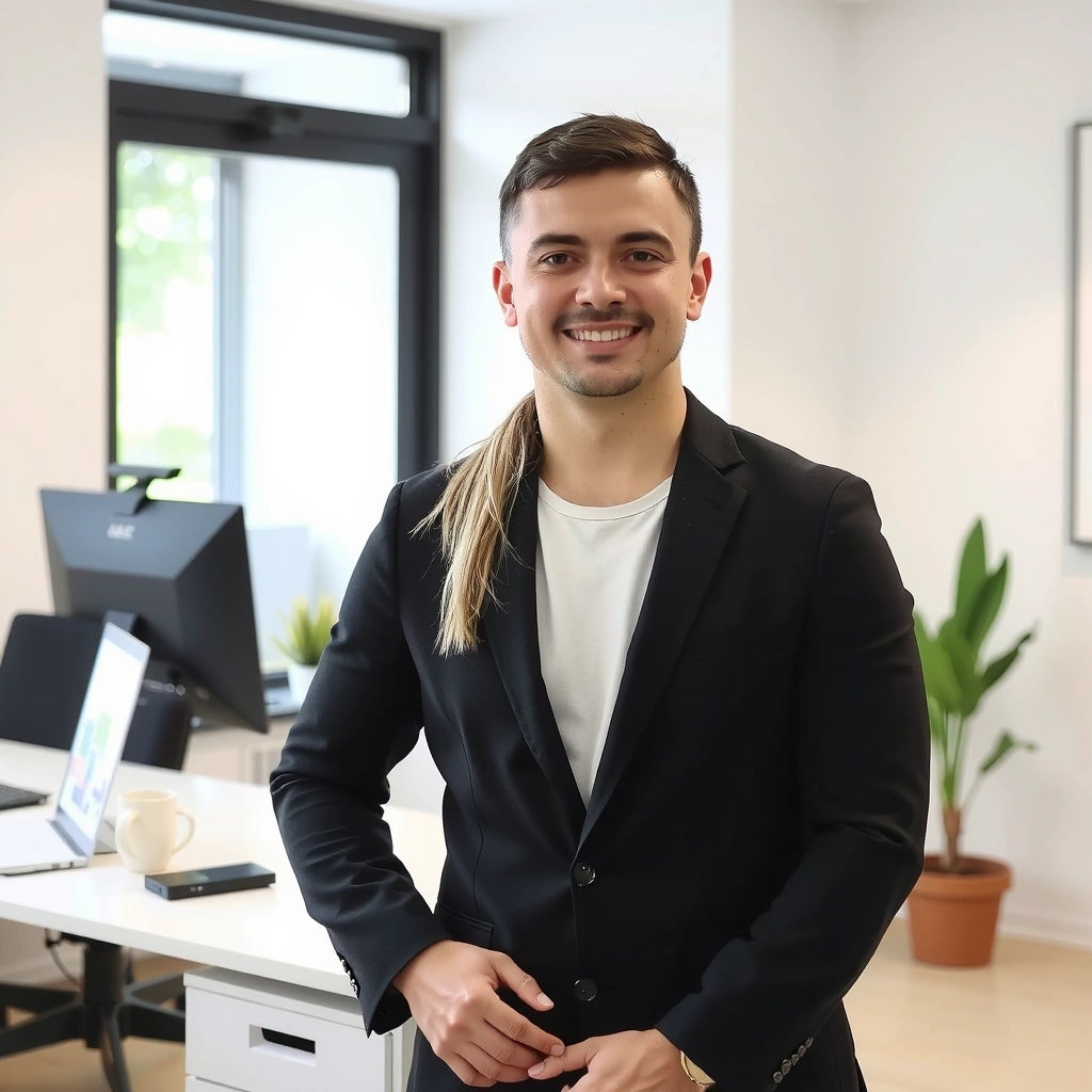 Professional portrait of a friendly nutritionist smiling in a modern, clean office setting, suggesting approachability and expertise.